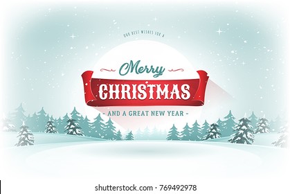 Christmas Landscape Postcard/
Illustration of a design christmas winter snowy landscape background, with firs, snow and red banner for winter and new year holidays