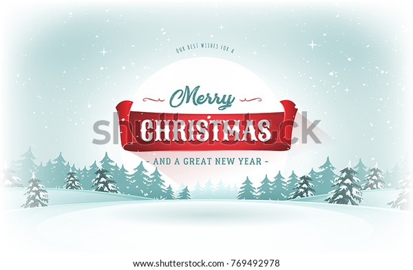 クリスマス風景はがき クリスマス冬の雪の背景にデザインしたイラスト 冬と新年の休日には 初雪と赤いバナーが付いています のベクター画像素材 ロイヤリティフリー