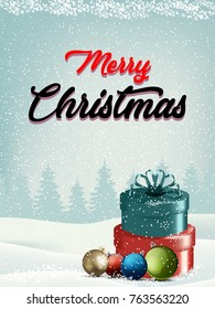 Christmas Landscape Postcard/ Illustration of a round with snowy christmas landscape background, firs, banner and wishes for winter and new year holidays