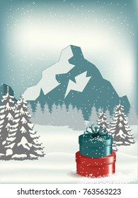 Christmas Landscape Postcard/ Illustration of a round with snowy christmas landscape background, firs, banner and wishes for winter and new year holidays