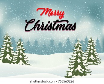 Christmas Landscape Postcard/ Illustration of a round with snowy christmas landscape background, firs, banner and wishes for winter and new year holidays