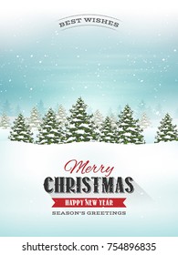 Christmas Landscape Postcard/
Illustration of a snowy christmas landscape background, with firs, banner and wishes for winter and new year holidays