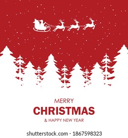 christmas landscape poster with tree and snow on red background. merry christmas and happy new year. vector illustration in flat style modern design.
