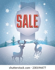 Christmas landscape with Christmas sale labels.
