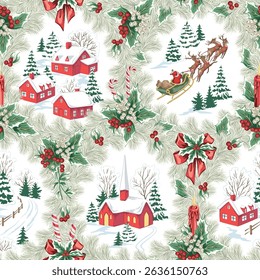 Christmas landscape, Santa Claus with deer, fir tree, church, house in the wreath seamless pattern. Winter village holiday wallpaper.