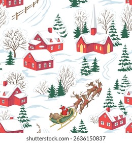 Christmas landscape, Santa Claus, fir tree, church, house,  snow, sleigh, deer, seamless pattern. Winter village holiday wallpaper.