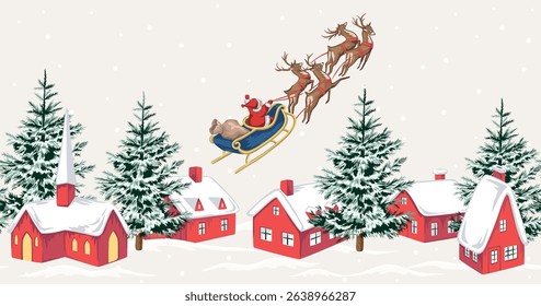 Christmas landscape, Santa Claus, fir tree, church, house, snow, sleigh, deer seamless border. Winter village holiday mural.