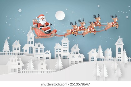  Christmas landscape with Santa Claus flies through the snowy sky with his reindeer sleigh above a festive winter village under the moonlight. paper cut art style. 