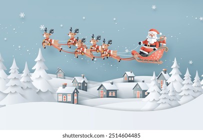  Christmas landscape with Santa Claus flies through the snowy sky with his reindeer sleigh above a festive winter village under the moonlight. paper cut art style.  