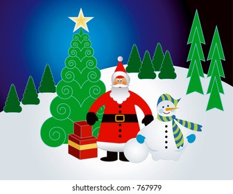 Christmas Landscape with santa and snowman