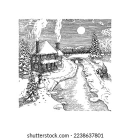 Christmas landscape scenery in Moon light, hand drawn illustration in vector, new year background for greeting card, poster