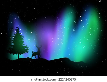 Paisaje navideño con silueta de ciervo contra el cielo de las luces del norte 