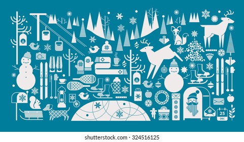 Christmas landscape with silhouettes of forest animal, snowman and winter sports symbols.