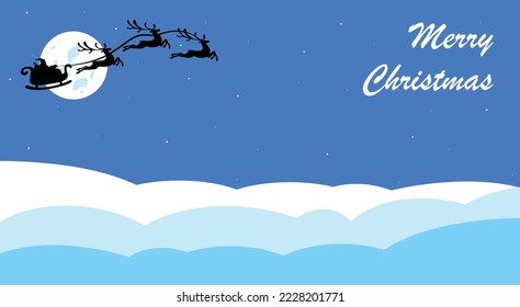 La nieve del paisaje navideño florece por la noche y por la luna grande. Afiche navideño. Silhouette Santa Claus en trineo con ciervos volando sobre el fondo de las estrellas