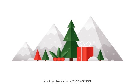 Paisaje de Navidades con montañas nevadas, abeto, caja de regalo roja con arco y muérdago. Paisaje geométrico de vacaciones, concepto de Navidad para equipos de montañismo, equipo de invierno. Ilustración plana de Vector