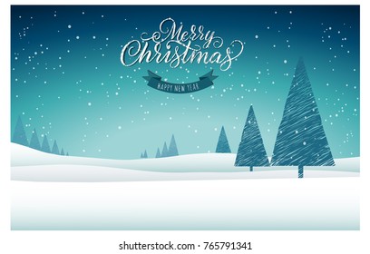 Christmas landscape with snow, new year tree . holidays card, blue background.