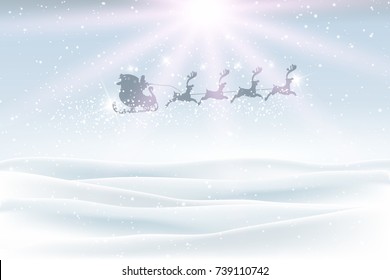 Christmas landscape with snow and santa flying in the sky