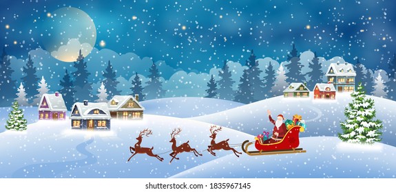 Christmas landscape with snow-covered houses and Santa Claus in sleigh. Christmas Holiday village scene vector illustration