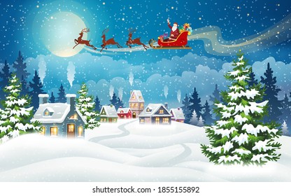 Christmas landscape with snow-covered houses and Santa Claus in sleigh with gifts. Christmas Holiday village scene vector illustration