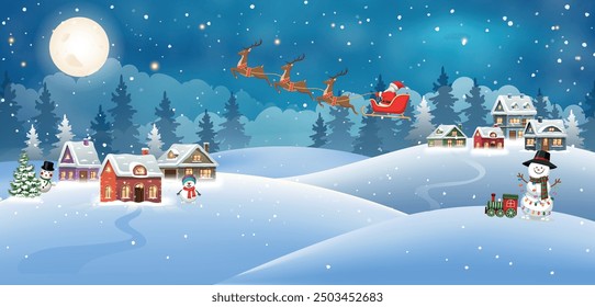 Christmas landscape with snow-covered houses and Santa Claus in sleigh. Christmas Holiday village scene vector illustration.