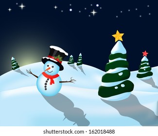 Christmas landscape and snowman with hat and stars - Vector