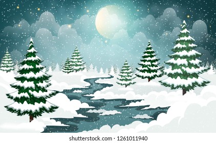 Christmas landscape with snowy forest. Winter scene with snowy trees. Frozen river and pine forest. Trees covered with snow and ice.