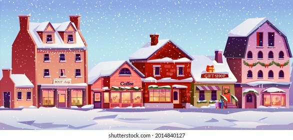 Christmas landscape street with decorated houses at day time, snowfall, snowy weather. Vector Xmas home buildings with chimneys, snow on ground, cafes and shops, urban city exterior