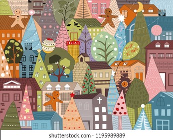 Christmas landscape in the town with fairy tale houses,Ginger bread mans,Christmas trees with decorations,The city on holiday eve,Cute winter city life in flat design,Vector Christmas wonderland