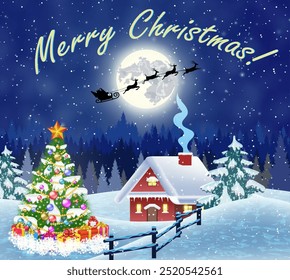 Christmas landscape with christmas tree and . background with moon and the silhouette of Santa Claus flying on a sleigh. concept for greeting or postal card, vector illustration