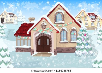 Christmas landscape with christmas tree and house