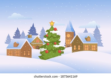 Christmas landscape with christmas tree and houses. vector illustration