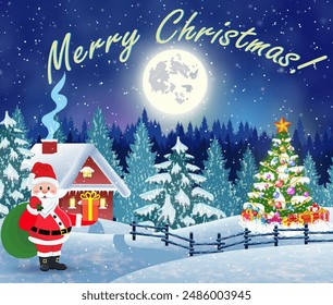 Christmas landscape with christmas tree and Santa Claus with gift bag. concept for greeting or postal card, vector illustration