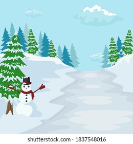 Christmas landscape with christmas tree and snowman