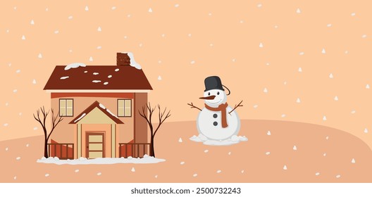 Navidades con un árbol de Navidad y un muñeco de nieve. Concepto para una tarjeta de felicitación o postal. Año Nuevo y celebración de Navidad. Ilustración vectorial en un estilo plano.
