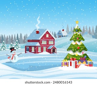 Christmas landscape with christmas tree and snowman with gifbox. concept for greeting or postal card, Merry christmas holiday. New year and xmas celebration. Vector illustration in flat style