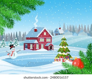 Christmas landscape with christmas tree and snowman with gifbox. concept for greeting or postal card, Merry christmas holiday. New year and xmas celebration. Vector illustration in flat style .