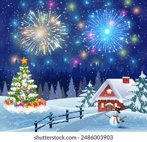 Christmas landscape with christmas tree and snowman with gifbox. fireworks in the sky. concept for greeting or postal card, vector illustration