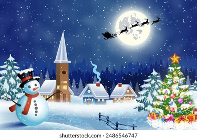 Christmas landscape with christmas tree and snowman with gifbox. background with moon and the silhouette of Santa Claus flying on a sleigh. concept for greeting or postal card, vector illustration