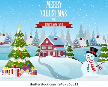 Christmas landscape with christmas tree and snowman with gifbox. concept for greeting or postal card, Merry christmas holiday. New year and xmas celebration. Vector illustration in flat style