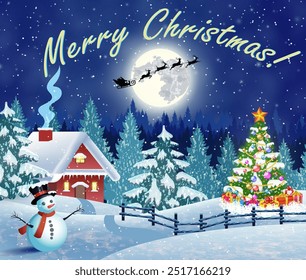 Christmas landscape with christmas tree and snowman with gifbox. background with moon and the silhouette of Santa Claus flying on a sleigh. concept for greeting or postal card, vector illustration