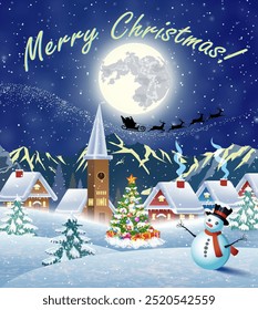 Christmas landscape with christmas tree and snowman with gifbox. background with moon and the silhouette of Santa Claus flying on a sleigh. concept for greeting or postal card, vector illustration