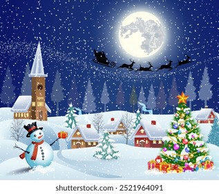 Paisaje de Navidades con árbol de navidad y muñeco de nieve con caja de regalo. fondo con luna y la silueta de Santa Claus volando en un trineo. concepto para tarjeta de felicitación o postal, Ilustración vectorial