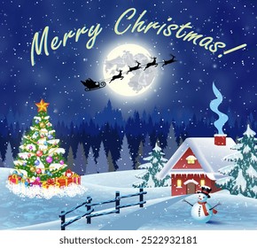 Christmas landscape with christmas tree and snowman with gifbox. background with moon and the silhouette of Santa Claus flying on a sleigh. concept for greeting or postal card, vector illustration