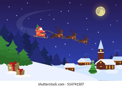 Christmas landscape with trees and houses. Background with Moon and Santa Claus flying on a sleigh. Concept for greeting or postal card, vector illustration