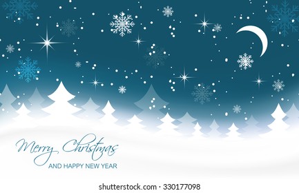 Christmas landscape with trees, moon and snowflakes/vector illustration