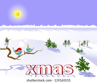 Christmas landscape with two birds on a branch with speech bubbles. Vector illustration.