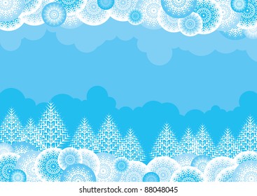 Christmas landscape. Vector blue background with a white ornate forest for a christmas card