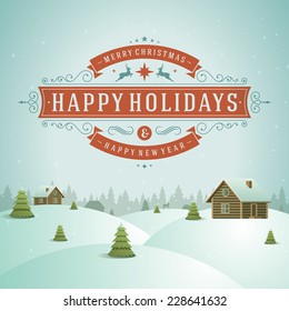 Christmas landscape with village and ornament decoration. Merry Christmas holidays wish greeting card and vintage background. Happy new year message. Vector illustration. 