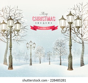 Christmas landscape with vintage lampposts. Vector.