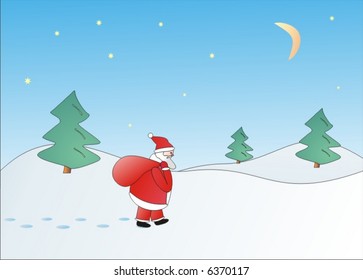 christmas landscape with walking Santa ( vector illustration)